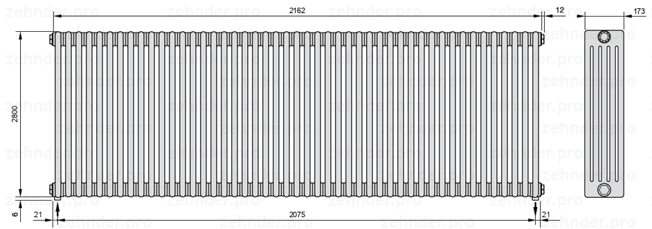 Схема (чертеж) Радиатор Zehnder Charleston 5280/47 №5310 Белый глянцевый RAL 9016